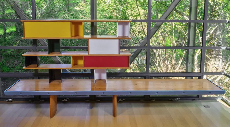 Christie's, Anthology of Design: shelving unit with yellow, red and white compartments on a long wooden base