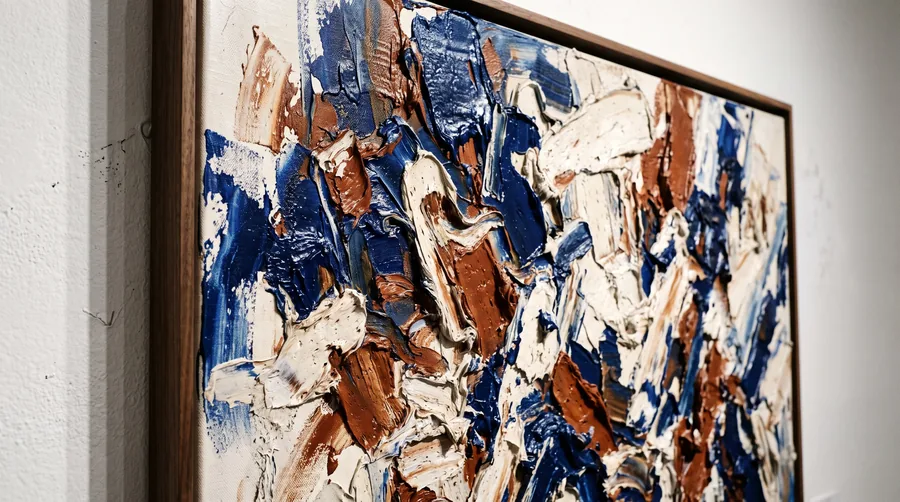 Raking light across the thick paint of a large abstract canvas
