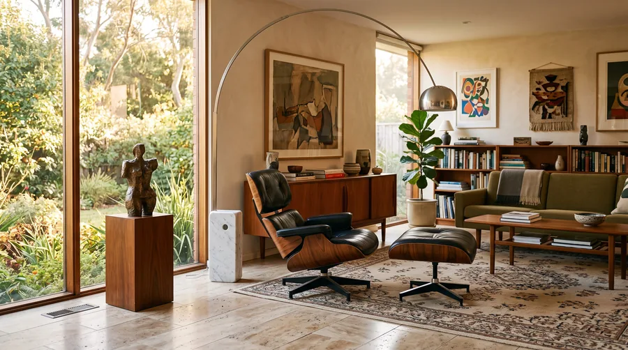A collector's living room with a leather lounge chair, an arc lamp and a bronze on a plinth