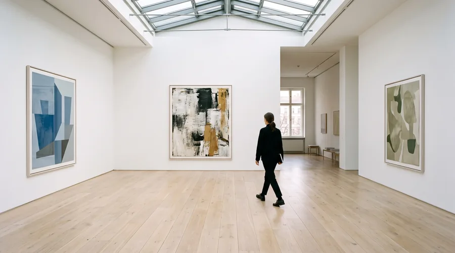 A white cube gallery in morning light, a gallerist walking past three large canvases