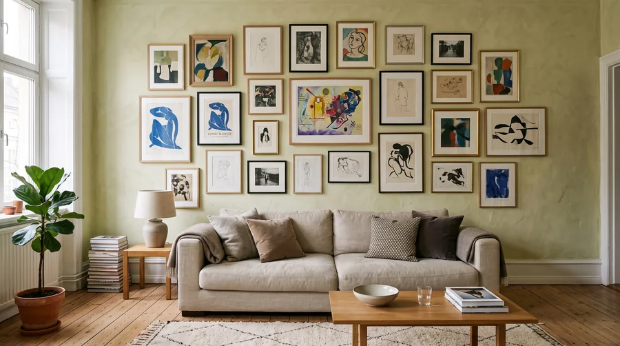 A gallery wall of framed works above a low linen sofa in soft north light