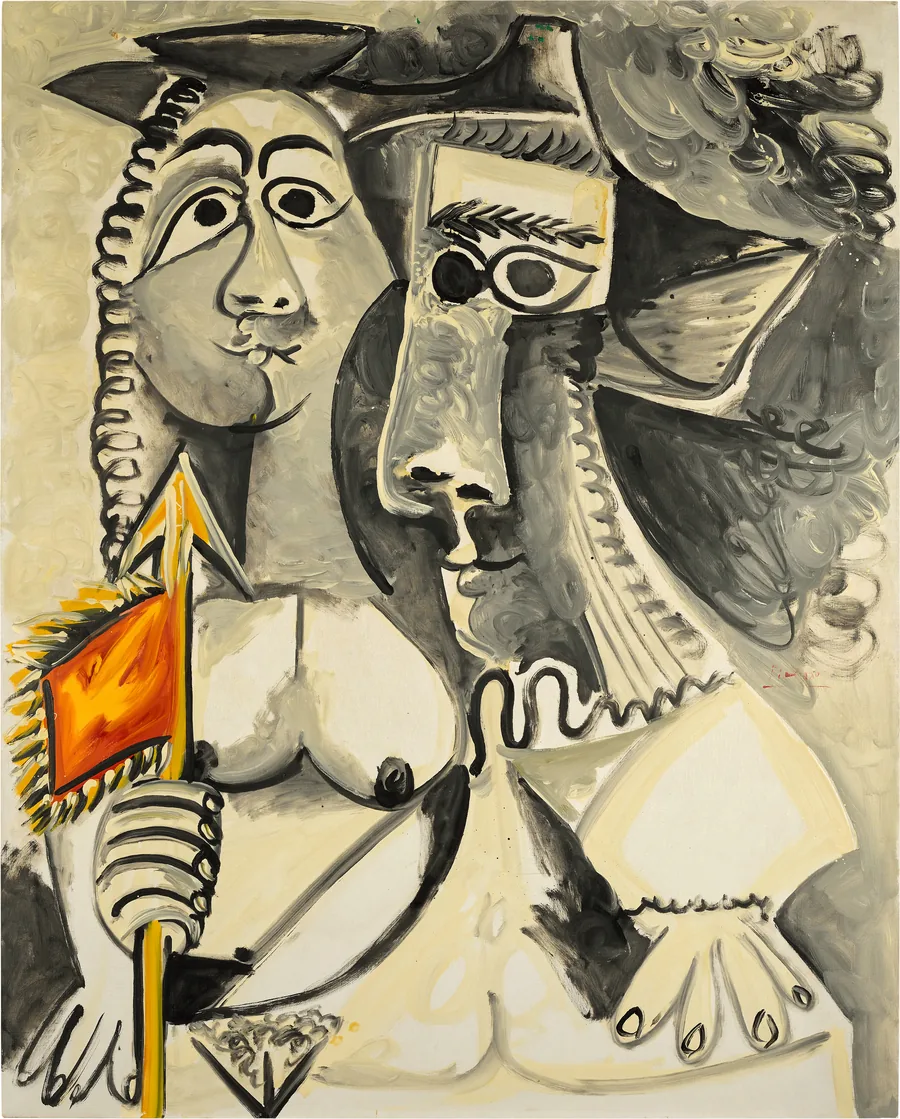Sotheby's: Pablo Picasso, Femme nue et homme au fanion, 1969, a nude woman holding a red and yellow pennant beside a musketeer