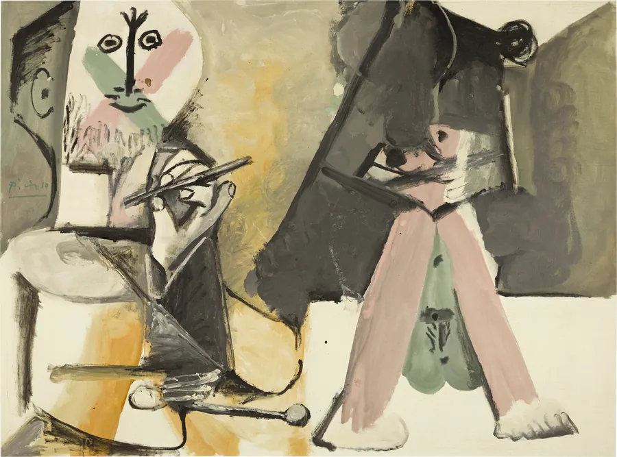 Sotheby's: Pablo Picasso, Le Peintre et son modèle, 1964, a bearded painter at his easel and a reclining nude model