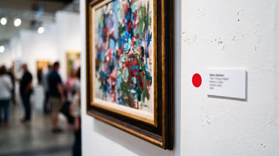 A red dot beside a wall label at an art fair