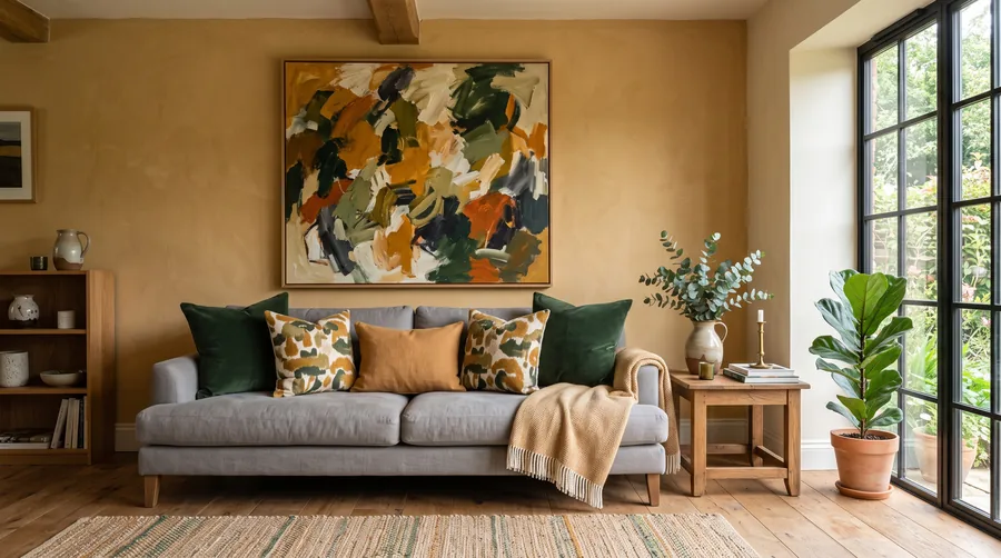 An interior whose colours echo the ochre and green of a large painting