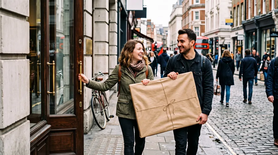 A couple carrying a wrapped painting out of a gallery