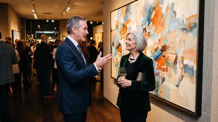 A gallerist and a collector in front of a large painting at an opening