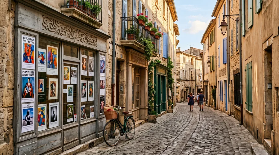 A narrow street lined with small galleries