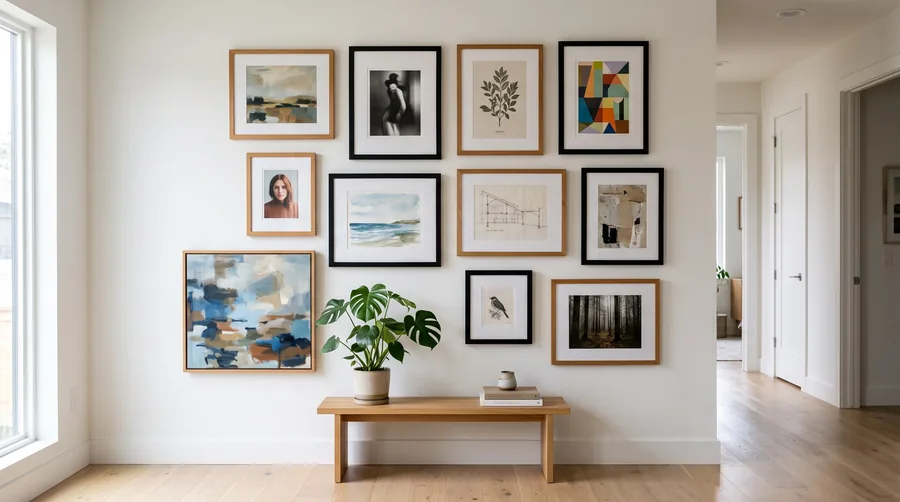 A composed gallery wall of eleven framed works in a hallway