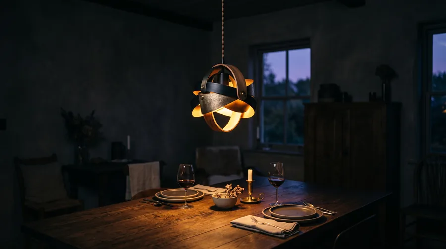 A sculptural pendant lamp glowing over a dark dining table at dusk