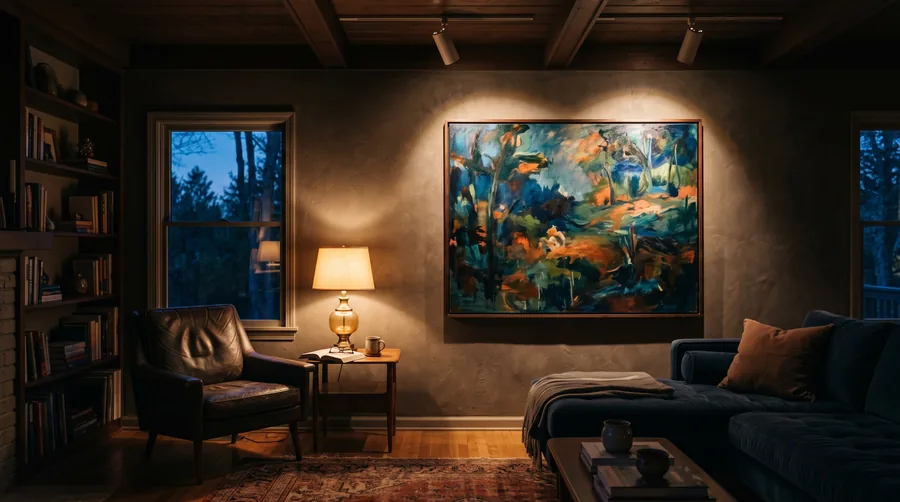 Two spotlights washing a large painting in a dim living room at dusk
