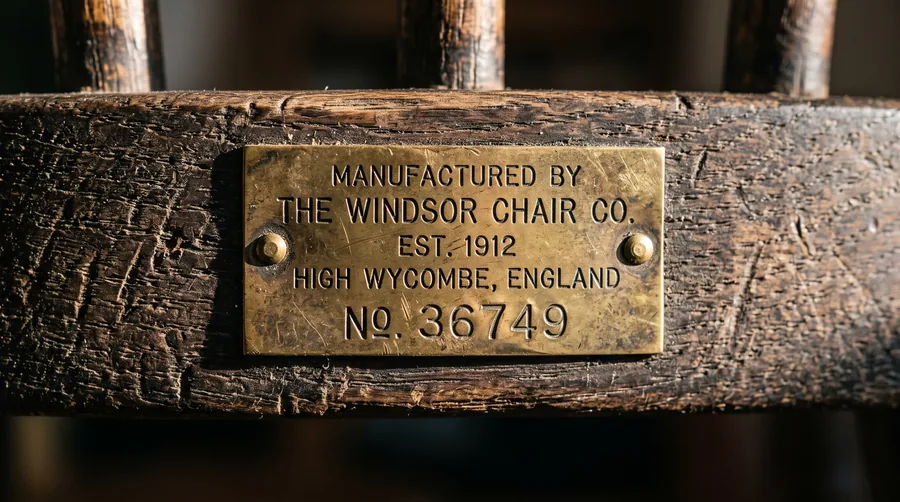 A stamped label on the underside of a chair seat