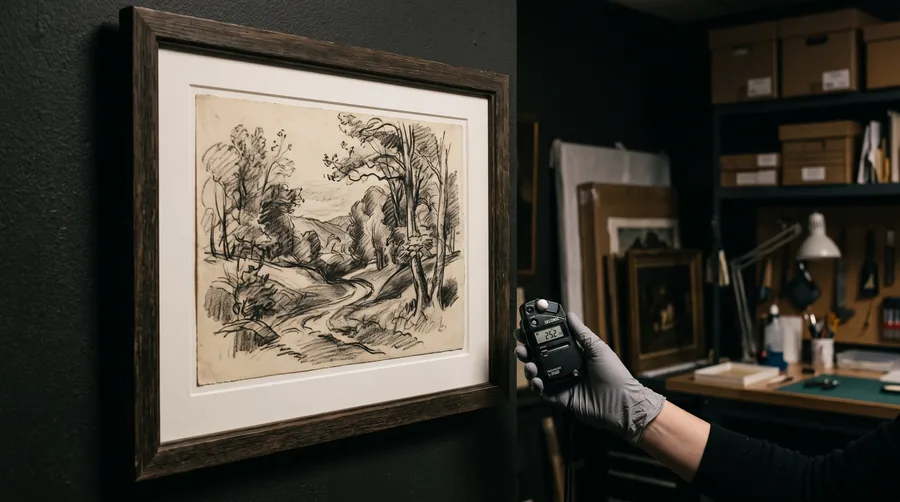 A conservator measuring the light on a framed drawing