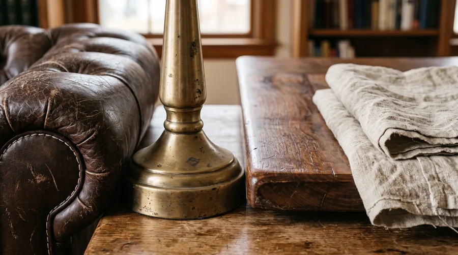 Worn leather, brushed brass, oiled walnut and linen side by side