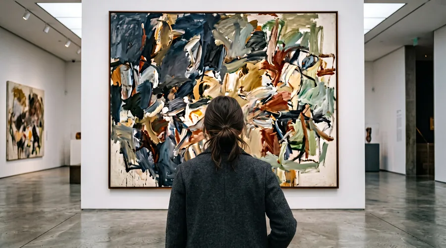 A visitor standing close to a large gestural abstract painting
