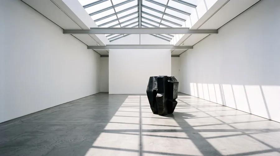 A white cube gallery with a single black sculpture on the floor